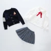 The 2023 autumn new collection features a three-piece Korean-style bear cardigan, pleated skirt and shirt for girls, middle-aged and young children Item Picture